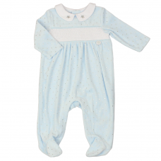 G13121: Baby Boys Smocked Velour All In One With Foil Print (0-6 Months)